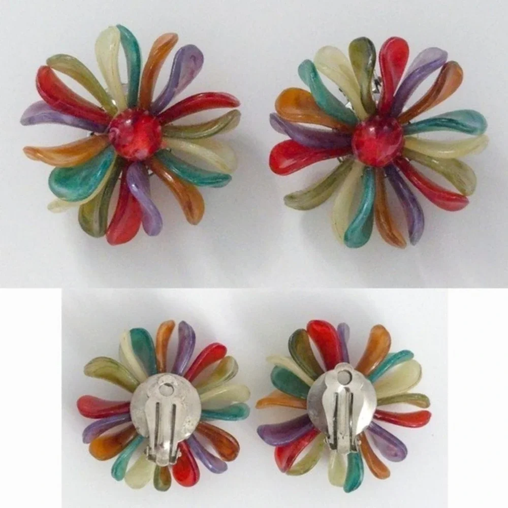 Vintage Beaded Floral & Wooden Teardrop Dangle‎ Boho Clip Earrings (Set of 2)